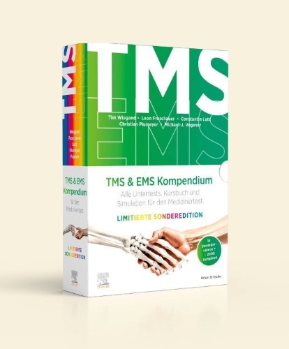Buchcover und Innenansicht für das Buch: TMS & EMS Kompendium Sonderedition - Alle Untertests, Kursbuch und Simulation für den Medizinertest im Schuber