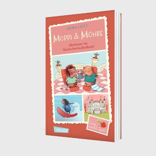Buchcover und Innenansicht für das Buch: Moppi und Möhre - Abenteuer im Meerschweinchenhotel