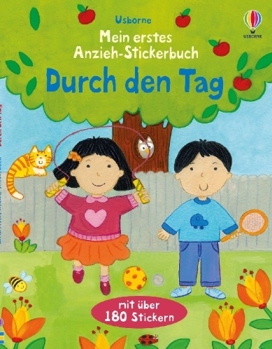 Buchcover und Innenansicht für das Buch: Mein erstes Anzieh-Stickerbuch: Durch den Tag