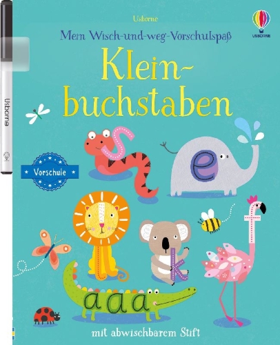 Buchcover und Innenansicht für das Buch: Mein Wisch-und-weg-Vorschulspaß: Kleinbuchstaben