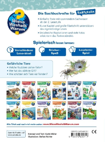 Buchcover und Innenansicht für das Buch: Wieso? Weshalb? Warum? Erstleser, Band 16 - Gefährliche Tiere