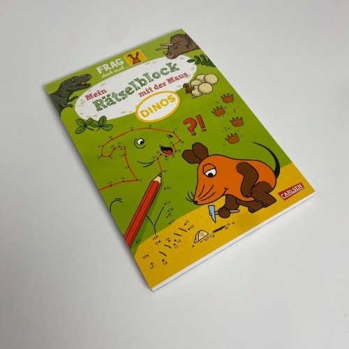 Buchcover und Innenansicht für das Buch: Frag doch mal ... die Maus: Mein Rätselblock mit der Maus - Dinos
