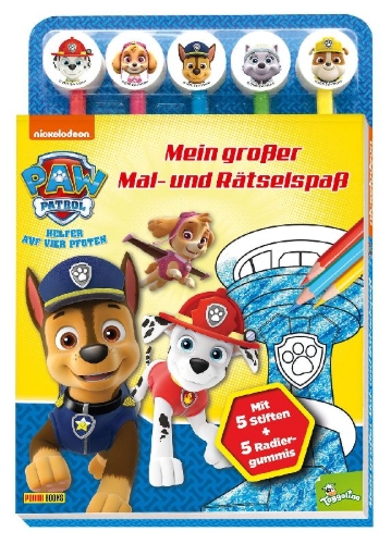 Buchcover und Innenansicht für das Buch: PAW Patrol: Mein großer Mal- und Rätselspaß