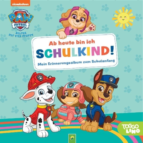 Buchcover und Innenansicht für das Buch: Paw Patrol: Ab heute bin ich Schulkind! Mein Erinnerungsalbum zum Schulanfang