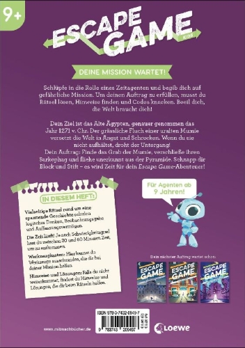Buchcover und Innenansicht für das Buch: Escape Game Junior: La malédiction de la momie