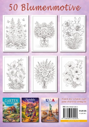 Buchcover und Innenansicht für das Buch: Blumen Malbuch für Erwachsene mit 50 schönen Ausmalmotiven