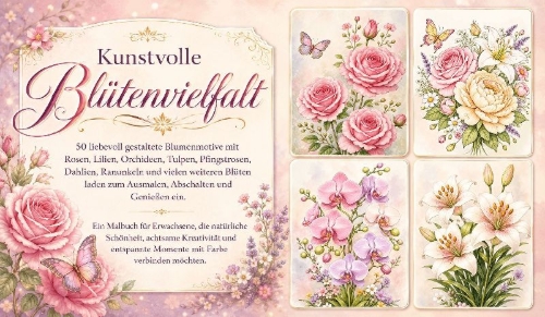 Buchcover und Innenansicht für das Buch: Blumen Malbuch für Erwachsene mit 50 schönen Ausmalmotiven