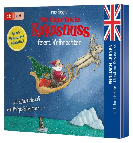 Buchcover und Innenansicht für das Buch: Der kleine Drache Kokosnuss feiert Weihnachten