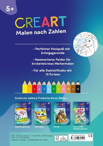 Buchcover und Innenansicht für das Buch: CreArt Malen nach Zahlen ab 5: Zauberponys