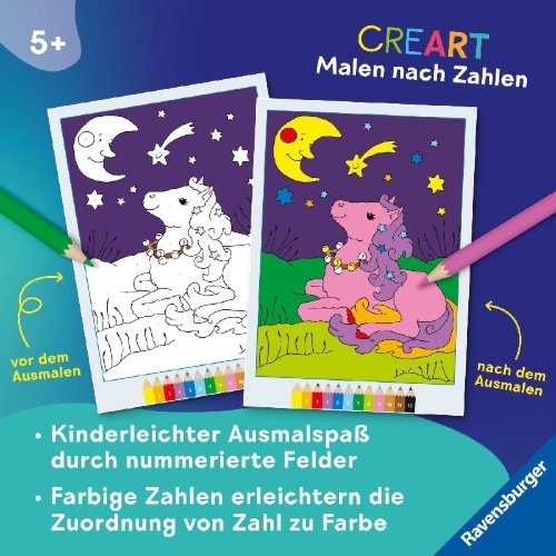 Buchcover und Innenansicht für das Buch: CreArt Malen nach Zahlen ab 5: Zauberponys