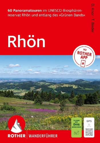 Buchcover und Innenansicht für das Buch: ROTHER Wanderführer Rhön. 60 Panoramatouren im UNESCO-Biosphärenreservat Rhön und entlang des 'Grünen Bands'