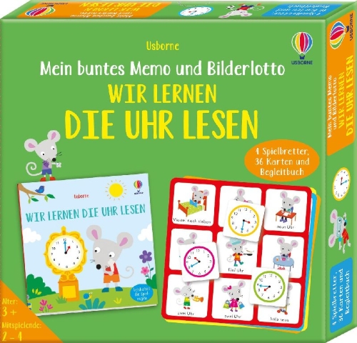 Buchcover und Innenansicht für das Buch: Mein buntes Memo und Bilderlotto: Wir lernen die Uhr lesen