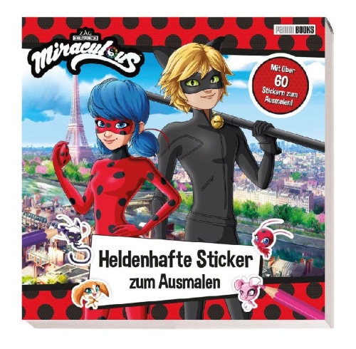 Buchcover und Innenansicht für das Buch: Miraculous: Heldenhafte Sticker zum Ausmalen