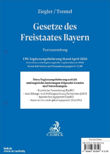 Buchcover und Innenansicht für das Buch: Gesetze des Freistaates Bayern  159. Ergänzungslieferung