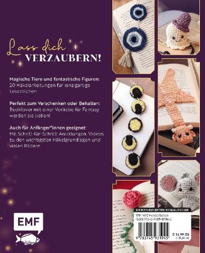 Buchcover und Innenansicht für das Buch: Magische Amigurumi-Lesezeichen häkeln