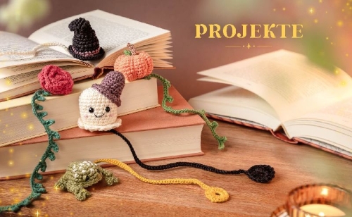 Buchcover und Innenansicht für das Buch: Magische Amigurumi-Lesezeichen häkeln