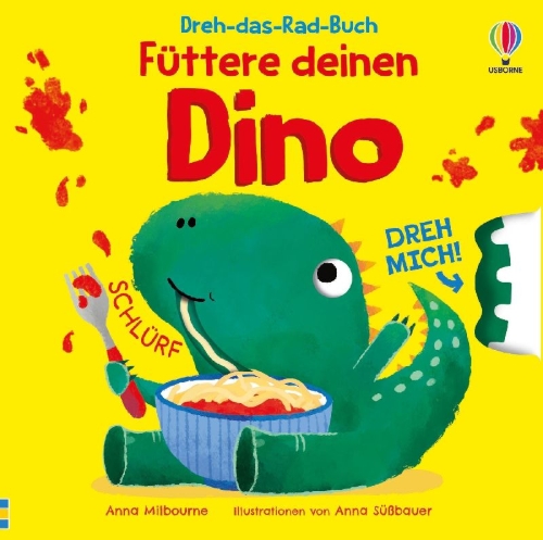 Buchcover und Innenansicht für das Buch: Dreh-das-Rad-Buch: Füttere deinen Dino