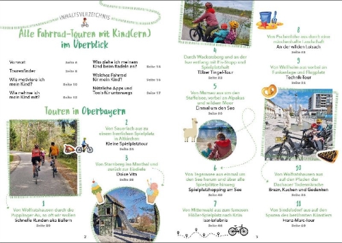 Buchcover und Innenansicht für das Buch: Familienradeln in Oberbayern und über die Alpen