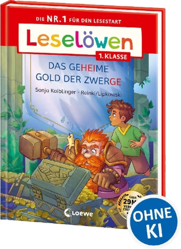 Buchcover und Innenansicht für das Buch: Leselöwen 1. Klasse - Das geheime Gold der Zwerge (Großbuchstabenausgabe)