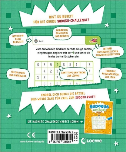 Buchcover und Innenansicht für das Buch: Sudokus für clevere Kids 8+ [grün]