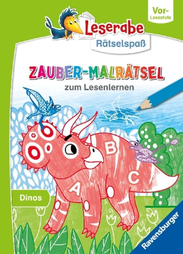Buchcover und Innenansicht für das Buch: Leserabe Rätselspaß - Zauber-Malrätsel zum Lesenlernen: Dinos (Vor-Lesestufe)