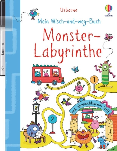 Buchcover und Innenansicht für das Buch: Mein Wisch-und-weg-Buch: Monster-Labyrinthe