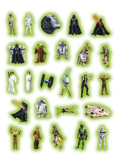 Buchcover und Innenansicht für das Buch: Disney Star Wars: Der große Glow-in-the-Dark-Stickerspaß: Stickern - Rätseln - Ausmalen