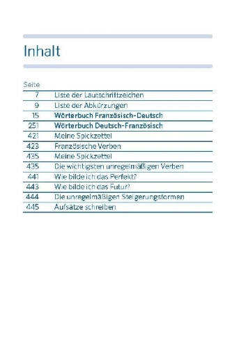 Buchcover und Innenansicht für das Buch: PONS Spick-Wörterbuch Französisch  für die Schule