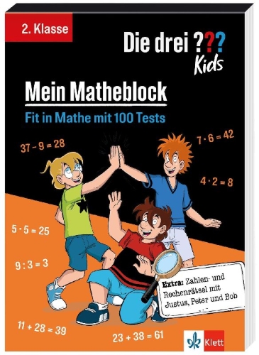 Buchcover und Innenansicht für das Buch: Die drei ??? Kids: Mein Matheblock 2. Klasse