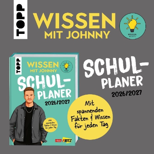 Buchcover und Innenansicht für das Buch: Wissen mit Johnny: Schulplaner 2026/2027