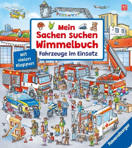 Buchcover und Innenansicht für das Buch: Mein Sachen suchen Wimmelbuch: Fahrzeuge im Einsatz