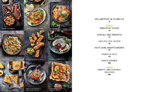 Buchcover und Innenansicht für das Buch: Airfryer-Blitzrezepte