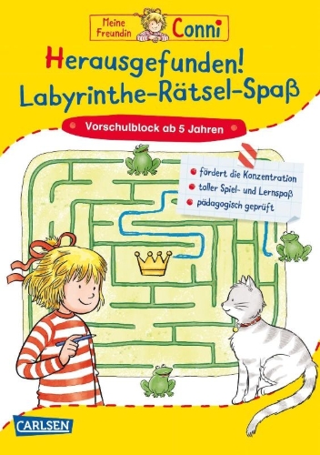 Buchcover und Innenansicht für das Buch: Conni Gelbe Reihe (Beschäftigungsbuch): Herausgefunden! Labyrinthe-Rätsel-Spaß