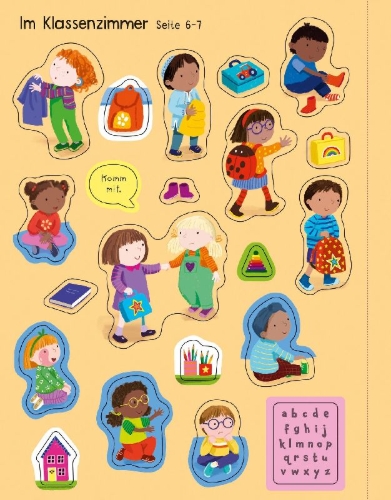 Buchcover und Innenansicht für das Buch: Mein erstes Stickerbuch: Ein Tag in der Schule
