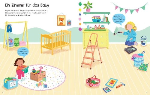 Buchcover und Innenansicht für das Buch: Mein erstes Stickerbuch: Wir bekommen ein Geschwisterchen,  Ein Tag in der Schule, Alle meine Freunde