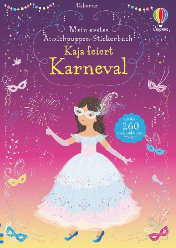 Buchcover und Innenansicht für das Buch: Mein erstes Anziehpuppen-Stickerbuch: Kaja feiert Karneval