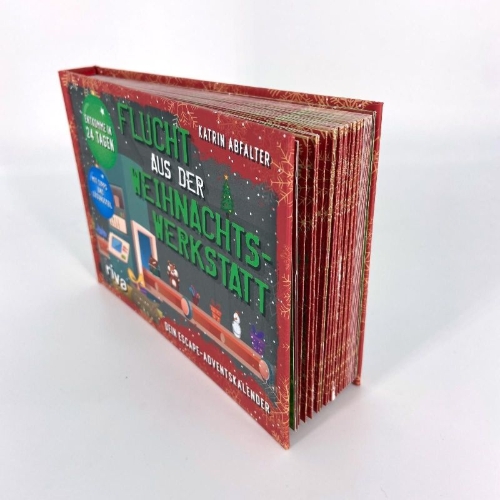 Buchcover und Innenansicht für das Buch: Flucht aus der Weihnachtswerkstatt. Dein Escape-Adventskalender