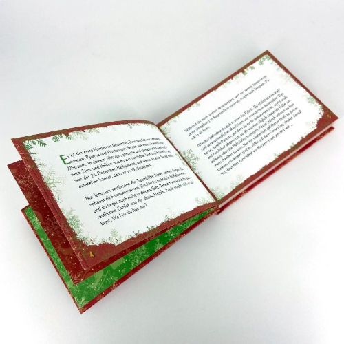 Buchcover und Innenansicht für das Buch: Flucht aus der Weihnachtswerkstatt. Dein Escape-Adventskalender