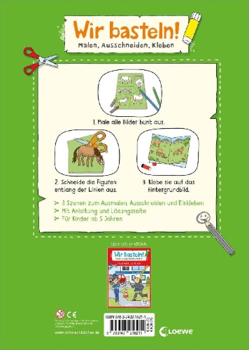 Buchcover und Innenansicht für das Buch: Wir basteln! ab 5 Jahren - Malen, Ausschneiden, Kleben - Pferde