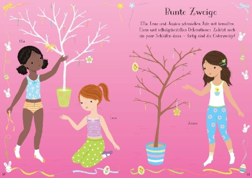 Buchcover und Innenansicht für das Buch: Mein erstes Anziehpuppen-Stickerbuch: Olivia feiert Ostern