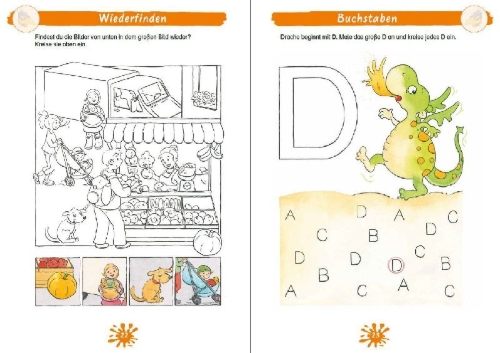 Buchcover und Innenansicht für das Buch: Mein großes Kindergarten-Rätselbuch mit Rabe Linus - ab 4 Jahren
