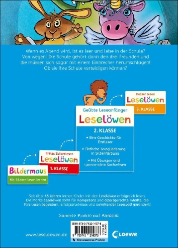 Buchcover und Innenansicht für das Buch: Leselöwen 2. Klasse - Drei Freunde retten die Schule
