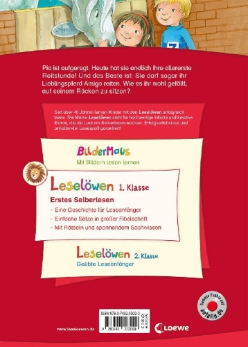 Buchcover und Innenansicht für das Buch: Leselöwen 1. Klasse - Die beste erste Reitstunde