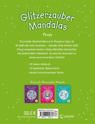 Buchcover und Innenansicht für das Buch: Glitzerzauber-Mandalas - Ponys