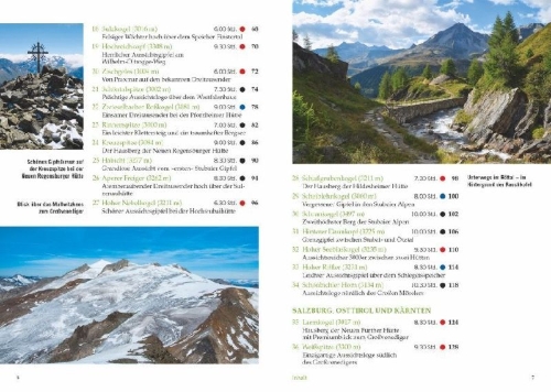Buchcover und Innenansicht für das Buch: Hohe Ziele. Die besten 3000er für Wanderer in den Ostalpen. Wanderführer: die schönsten 3000er auf einfachen Wegen besteigen. Tourenführer: mit Wegbeschreibungen, Tourensteckbriefen und Karten.