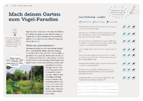 Buchcover und Innenansicht für das Buch: Dein Projekt. Dein Guide. Gartenvögel einladen & verwöhnen