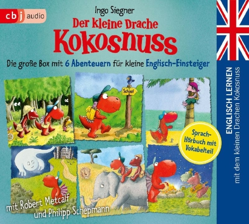 Buchcover und Innenansicht für das Buch: Englisch lernen mit dem kleinen Drachen Kokosnuss - Die große Box mit 6 Abenteuern für kleine Englisch-Einsteiger
