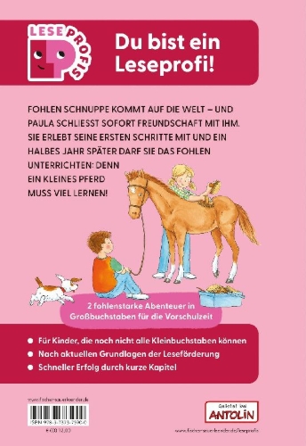 Buchcover und Innenansicht für das Buch: Leseprofis - GROSSBUCHSTABEN: EIN FOHLEN NAMENS SCHNUPPE, 1. Klasse