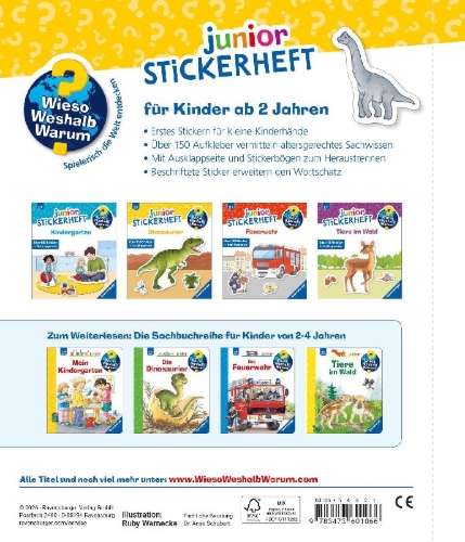 Buchcover und Innenansicht für das Buch: Wieso? Weshalb? Warum? junior Stickerheft - Dinosaurier
