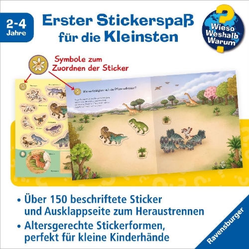Buchcover und Innenansicht für das Buch: Wieso? Weshalb? Warum? junior Stickerheft - Dinosaurier